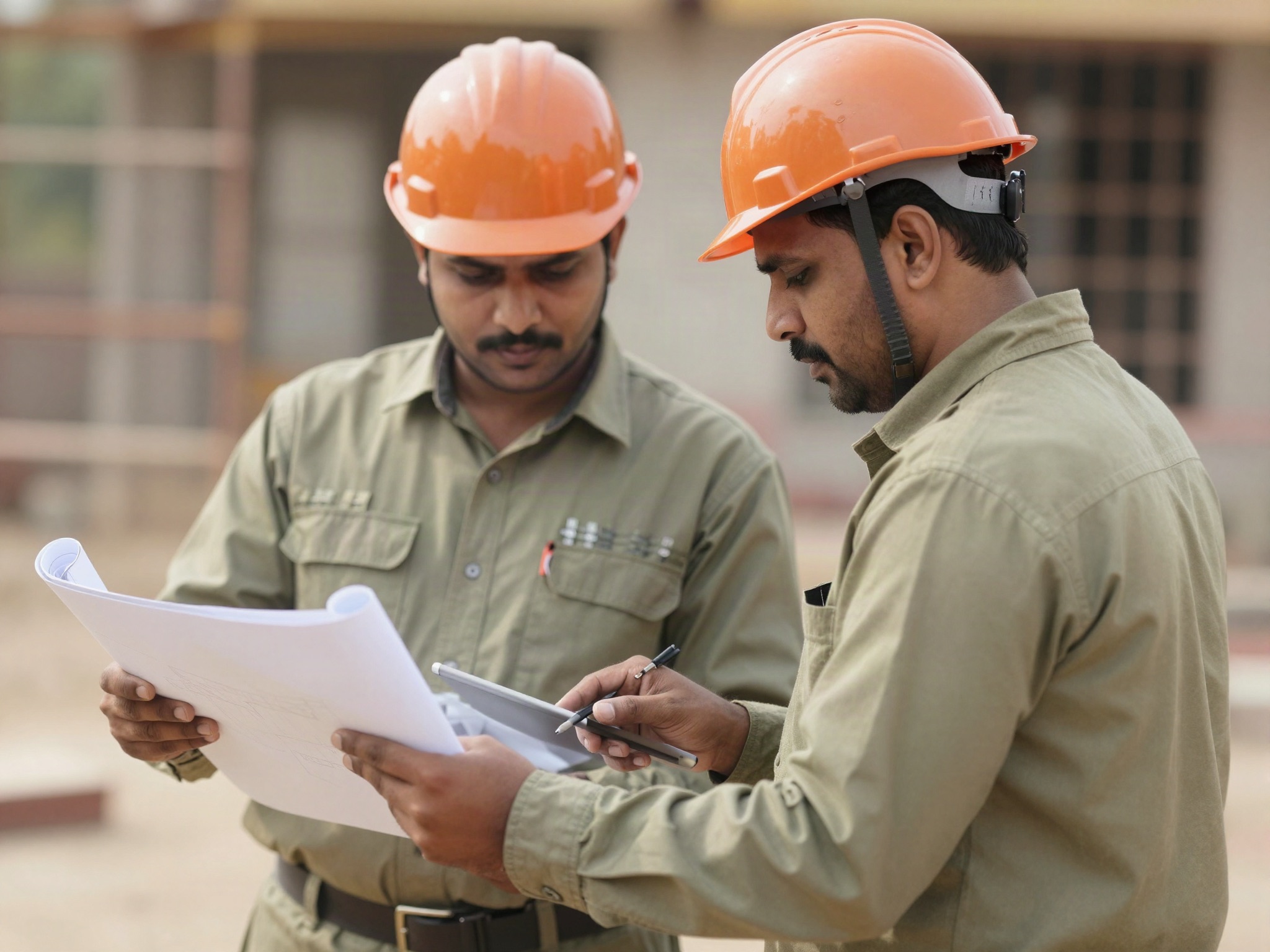 Two site engineers reviewing building plans